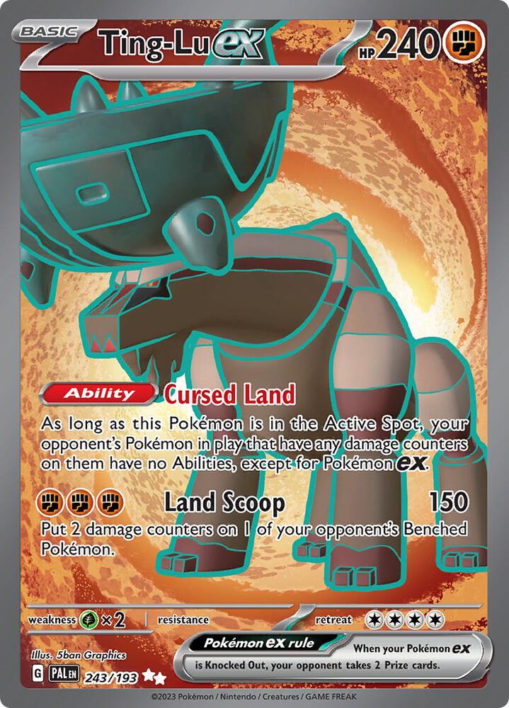 The Ting-Lu ex is a Fighting-type Pokémon card from the Scarlet & Violet: Paldea Evolved series, with 240 HP, a Cursed Land ability, and Land Scoop attack dealing 150 damage. It's weak x2 to Psychic and features a fiery red-orange background with rocky textures. Card number 243/193.