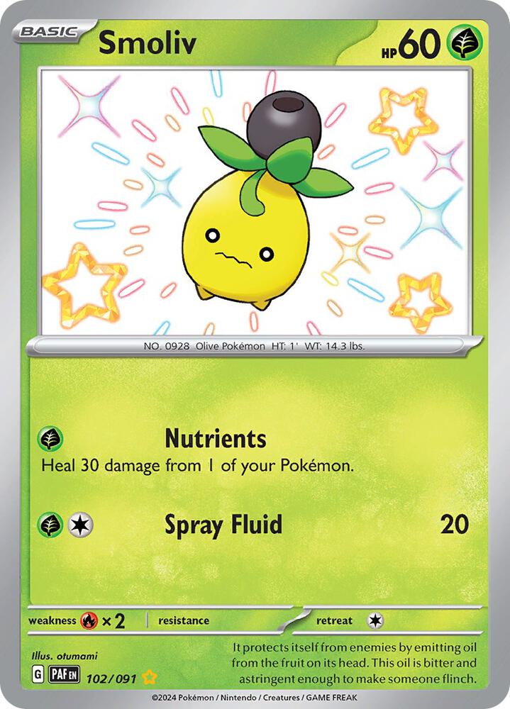 This Pokémon card, Smoliv (102/091) from the Scarlet & Violet: Paldean Fates series, features the olive-themed creature with 60 HP and moves 