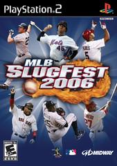 The cover of Midway's PS2 game, "MLB SlugFest 2006," features six players around a flaming baseball by the title. Logos for PlayStation, PlayStation 2, MLB, Midway, and an "Everyone" rating appear at the top and bottom.
.