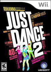 The "Just Dance 2" cover for Wii, by Everything Games, features neon-outlined dancers with diverse choreography against a black background. Includes over 40 hit tracks like Rihanna's "SOS" and Pussycat Dolls' "When I Grow Up," with bold white title text and the Ubisoft logo in the bottom corner.