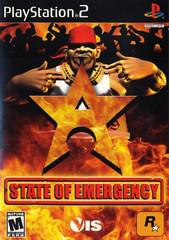 The cover of the Everything Games title, "State Of Emergency," features a character adorned with a red bandana and gold chains, pointing amidst an orange star overlay. The background brims with silhouettes of a chaotic crowd and flames. Prominent logos on the cover include PlayStation 2, Rated M for Mature, VIS, and Rockstar.