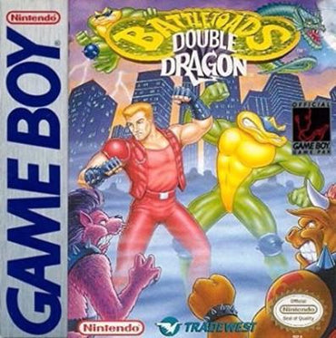 The "Battletoads and Double Dragon" game cover by Tradewest for the Nintendo Game Boy features a muscular man and an anthropomorphic frog in action poses against skyscrapers, with the title art and Nintendo's official seal of quality.