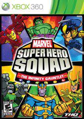 Cover of "Marvel Super Hero Squad: The Infinity Gauntlet" for Xbox 360 features Hulk, Wolverine, and Iron Man with Falcon, Loki, and Thanos around the title. It has a colorful comic-style design with Marvel and THQ logos and a green/white Xbox 360 banner at the top.