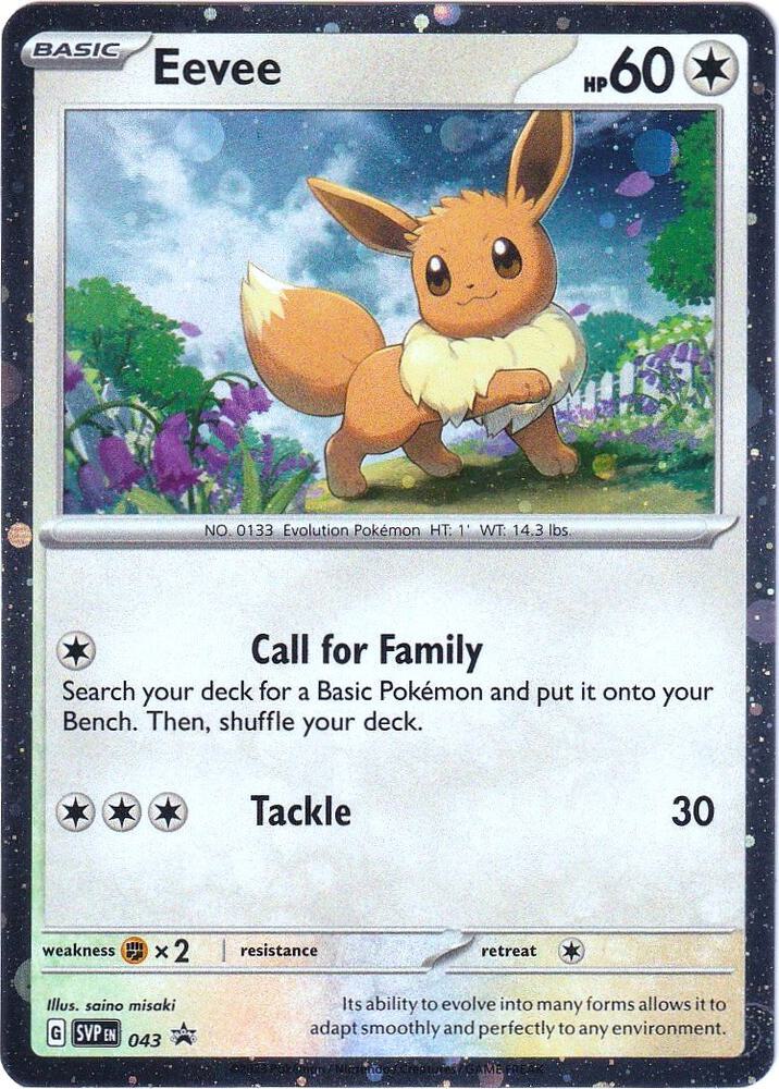 The Pokémon Eevee (043) from the Scarlet & Violet: Black Star Promos series features a scene of Eevee on grassy terrain with flowers. It has 60 HP, can 