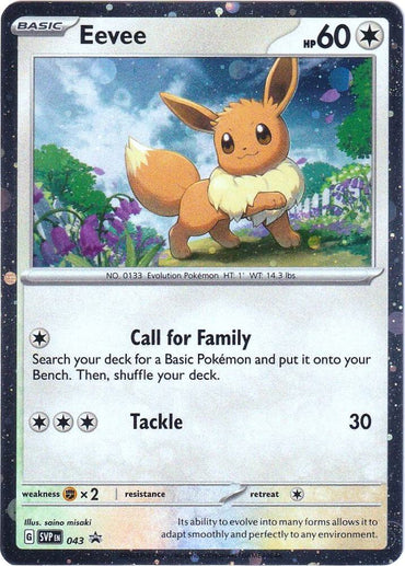 The Pokémon Eevee (043) from the Scarlet & Violet: Black Star Promos series features a scene of Eevee on grassy terrain with flowers. It has 60 HP, can "Call for Family," and use "Tackle." As a colorless card, it showcases Eevee's adaptability with star symbols.