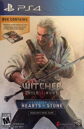 The cover of "The Witcher 3: Hearts of Stone" for PS4 features Geralt of Rivia with his sword, rated M for Mature. It includes download codes and two Gwent card decks, showcasing the CD Projekt Red and WB Games logos. The expansion requires the base game.
.