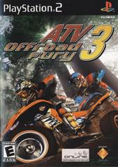 The cover of Sony's "ATV Offroad Fury 3" for PlayStation 2 features two racers expertly navigating a forest trail. The title is prominent, with PlayStation and ESRB "E" rating logos visible against a backdrop of towering trees, capturing the excitement of off-road racing.