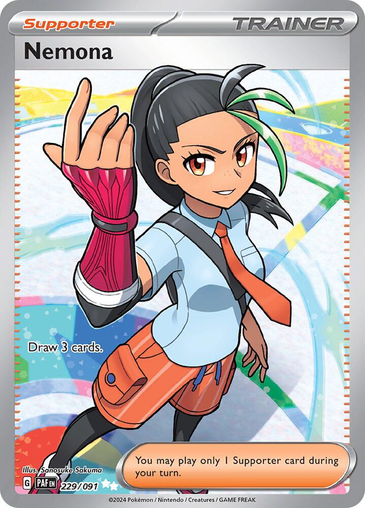 The image is a Secret Rare Pokémon card, Nemona (229/091) from Scarlet & Violet: Paldean Fates. Nemona poses confidently in a blue shirt, orange skirt, and pink wrist guard with dark hair and a green streak. The card says: “Draw 3 cards. You may play only 1 Supporter card during your turn.”.