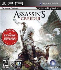 The cover image of Ubisoft's "Assassin's Creed 3" (PS3) shows a hooded figure with a tomahawk and hidden blade amidst battle scenes during the American Revolution, set against a tattered American flag, featuring exclusive content and a mature rating.