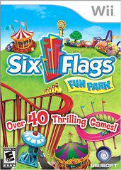 Cover art for the Wii game "Six Flags Fun Park" by BRASH. The design features a lively amusement park scene with vibrant rides such as roller coasters and a Ferris wheel. Bold text highlights "Over 40 Thrilling Games!" and the ESRB rating of Everyone is displayed in the bottom left corner.