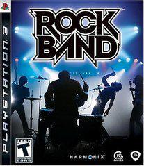 The cover of "Rock Band [PS3]" by EA Games features silhouettes of four musicians on stage with bright blue and white lights, the iconic "Rock Band" logo at the top, a "Teen" rating below, and logos for Harmonix and MTV Games.