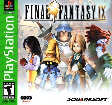 The "Final Fantasy IX" cover by Everything Games showcases a knight, a short-haired blonde girl, a long-haired woman, and a wide-hat mage with glowing eyes against a fantasy cityscape. It includes the PlayStation and Squaresoft logos. Rated Teen.