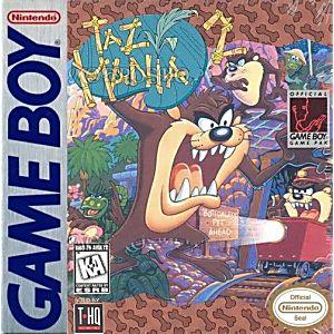 The "Taz-Mania 2" cover art by Everything Games features Taz, the Tasmanian Devil, with a fierce look while tearing through the jungle. Surrounding cartoon elements include palm trees and a "Danger: Road Ahead" sign. The Game Boy logo is on the left and the Nintendo Seal is at the bottom.