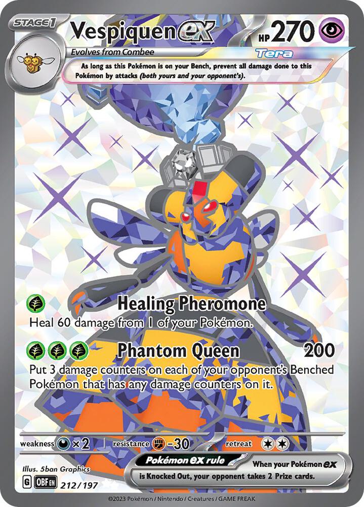 The image shows a Pokémon Vespiquen ex card (212/197) from the Scarlet & Violet: Obsidian Flames series. This Ultra Rare, 270 HP Stage 1 card evolves from Combee, features vibrant Tera type icons, and includes Healing Pheromone and Phantom Queen moves.