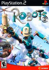 The cover of "Robots" for the PlayStation 2, by Sierra, features Rodney Copperbottom flying through a futuristic cityscape with a wrench, against a backdrop of gears and whimsical machinery. The title "Robots" is prominently displayed in mechanical-themed font at the top.