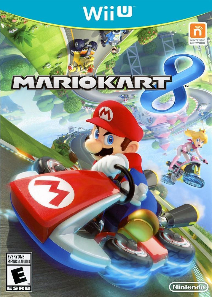 The cover image of "Mario Kart 8" for Wii U by Nintendo features Mario in a red go-kart on a twisting anti-gravity track, with Princess Peach and others racing amidst vibrant greenery. The Wii U logo is at the top. Rated E for Everyone, it offers thrilling online multiplayer action.