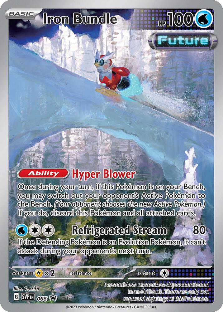 This Iron Bundle Pokémon card from the Scarlet & Violet: Black Star Promos series highlights a robotic bird standing on ice, holding a gift. It has 100 HP, Water Type abilities 