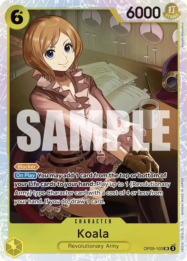 Bandai's Koala [Emperors in the New World] anime card showcases a young woman with short brown hair, wearing a ruffled blouse and gloves. Seated at a table holding a mug, her abilities and stats are listed. The card features 