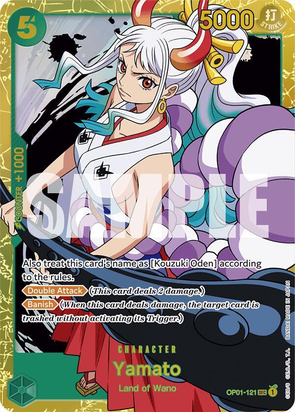 This Secret Rare anime-style trading card, Yamato (OP01-121) (Reprint) [Premium Booster -The Best-] by Bandai, depicts Yamato with long white hair, red horns, and a traditional outfit. With 5000 power and 