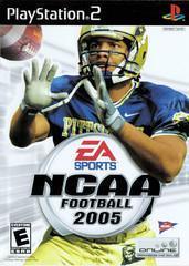 The PlayStation 2 game "NCAA Football 2005" by Everything Games features a player in blue and gold ready to catch a ball amid cheering fans. The title is centered at the bottom with the PlayStation, EA Sports, and ESPN Online logos.