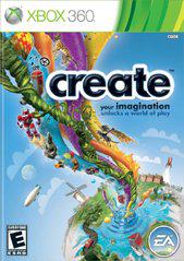 Cover of "Create" for Xbox 360 by EA Games: A vibrant vine with elements like vehicles, buildings, and animals spirals from the center, illustrating creativity. Sky and clouds are in the background. Text reads: "Create your imagination unlocks a world at play.” ESRB rating E in bottom corners.