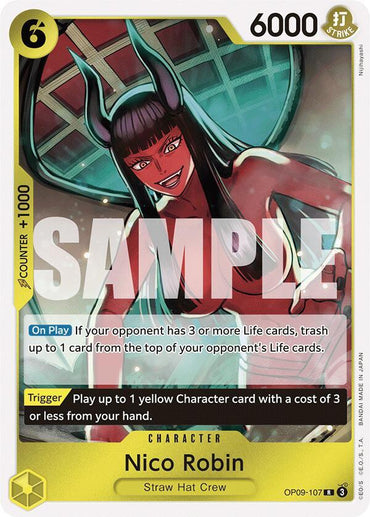 Bandai's rare Nico Robin [Emperors in the New World] trading card features a character with long black hair, red skin, and a horned headpiece. With a power of 6000 and cost of 6, it can discard an opponent's card and play one costing 3 or less.