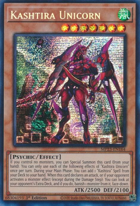 The image shows the Yu-Gi-Oh! Kashtira Unicorn [MP23-EN164] Prismatic Secret Rare card from the Dueling Heroes Collectors Tin. This Psychic/Effect card features a holographic robotic unicorn with purple armor, has 2500 ATK and 2100 DEF, and includes detailed special abilities.