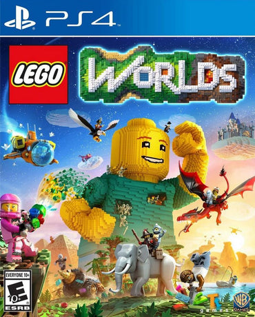 The PS4 game "LEGO Worlds" by telltalegames has a cover featuring a large LEGO figure in a green shirt building with bricks, alongside various LEGO characters—a knight on a dragon, an astronaut, and animals like an elephant—set against diverse landscapes. Rated ESRB: Everyone 10+.