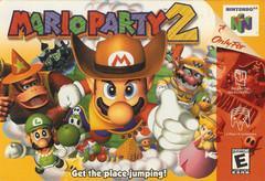 The Nintendo 64's "Mario Party 2" cover art shows Mario in a cowboy outfit with Luigi, Donkey Kong, Yoshi, Peach, and Wario against a festive party background featuring dice. Rated E for Everyone.