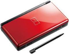 A closed red Nintendo DS Lite from Nintendo showcases two black square symbols on its top. It boasts a black trim for a premium experience and includes a sleek black stylus beside it.