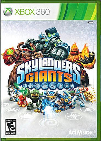 The cover art for "Skylanders Giants" (Xbox 360) displays giant heroes overshadowing smaller figures, with a bold title and Activision logo at the bottom right. Rated E10+, it encapsulates the magical essence of the Portal of Power.