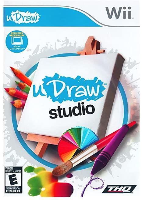 Cover of Everything Games' uDraw: Studio for Wii, showcasing a drawing pad with colorful pencils, paint splatters, a color wheel, and a large paintbrush. Wii and THQ logos are visible with an ESRB rating of 