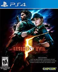 The Resident Evil 5 HD cover art on PS4 features two protagonists back-to-back in a dark, fiery scene. With intense co-op gameplay and additional content like Mercenaries Mode, it is rated 