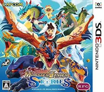 The cover of "Monster Hunter Stories JP" for Nintendo 3DS by Capcom depicts a young rider in armor on a red dragon, surrounded by vibrant monsters. The lively scene of blue skies and green hills includes the Capcom logo, capturing the excitement of monster collection.