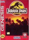 The Sega Genesis game "Jurassic Park" features a cover with a T-Rex silhouette and palm trees against an orange-red sunset, capturing the dinosaur-filled island essence. The "Genesis" logo is prominently on the left, Sega's mark is below, and it is rated GA for General Audiences.