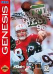 The cover of "NFL Quarterback Club 96" for Sega Genesis features a football simulation game with a player in a red jersey ready to throw. It includes gameplay screenshots, the vibrant title, and logos of Genesis and Acclaim against an NFL field backdrop.