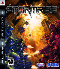 The cover art for "Stormrise" on PlayStation 3 showcases intense action with armored soldiers clashing amid explosions, depicting opposing factions. The bold game title is featured prominently, while Sega's logo and an ESRB "Mature" rating are displayed at the bottom.