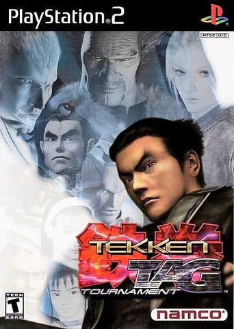 The PlayStation 2 "Tekken Tag Tournament" cover by Namco features a determined fighter in a leather jacket, backed by a blue-tinted character montage. The game's logo is prominently displayed at the bottom center, with an ESRB rating of "T" for Teen.