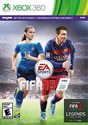 The cover of the Xbox 360 game FIFA 16 by EA Sports features two players in blue USA and red/blue Barcelona jerseys, showcasing Women's National Teams. The EA Sports FIFA 16 logo is centered, with Xbox 360 branding at the top and 