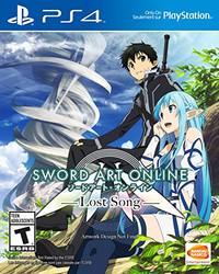 Bandai Namco's "Sword Art Online: Lost Song" for PS4 features a cover with two anime figures, a sword-wielding male and a long blue-haired female, sitting on grass under an expansive sky, suggesting exciting aerial battles. A large spiral structure looms behind them. ESRB rated T for Teen.