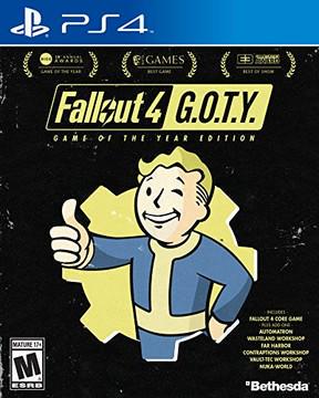 The cover art for "Fallout 4 [Game of the Year]" by Bethesda on PS4 features a cartoon character in a blue suit giving a thumbs up in front of a yellow gear, highlighting its open-world acclaim with awards, and is rated M by ESRB. It includes expansions and workshops.