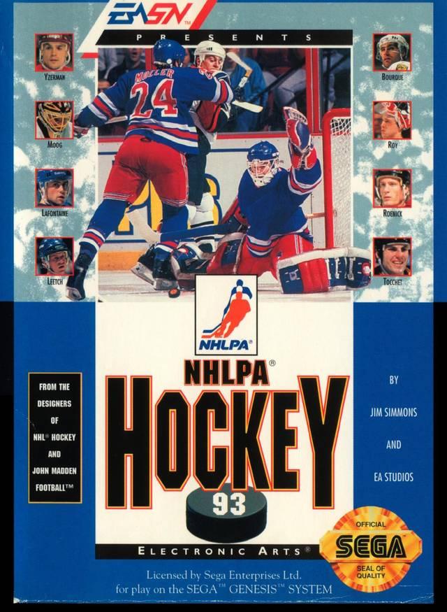 The cover art for Sega's NHLPA Hockey '93 captures intense hockey action with two players on the ice, features star headshots such as Bourque and Yzerman, and prominently displays EA Sports and Sega logos alongside design and licensing details.