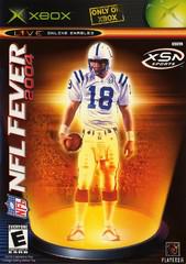 Cover of NFL Fever 2004 by Players Inc, an immersive Xbox football simulation game. Features a player in blue and white against an orange backdrop with Xbox and XSN Sports logos, 