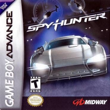 The cover of "Spy Hunter GameBoy Advance" by Midway features the G-6155 Interceptor, a sleek silver car with rear guns, set against a blurred backdrop with speedometers. The "Teen" ESRB rating is displayed alongside the Midway and Nintendo logos.