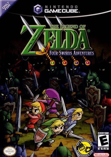 The cover of "Zelda Four Swords Adventures" for Nintendo showcases four Links in different colored tunics—green, red, purple, and blue—wielding swords and shields while battling enemies in a dark dungeon. The game is rated E for Everyone.