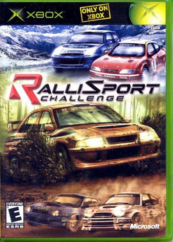 The cover of Microsoft's "RalliSport Challenge" for Xbox features four rally cars on dirt and snowy tracks, with an "Only on Xbox" label. The mountain backdrop enhances the game's action, known for its realistic physics. Rated E for everyone.