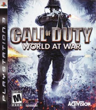 Cover art for "Call of Duty World at War," a first-person shooter video game set in World War II, for PlayStation 3. A soldier in combat uniform with a rifle runs through battlefield chaos with fire and explosions. The game's title is prominently displayed in the center. Rated "M" for Mature by the ESRB. Activision logo is at the bottom right.
