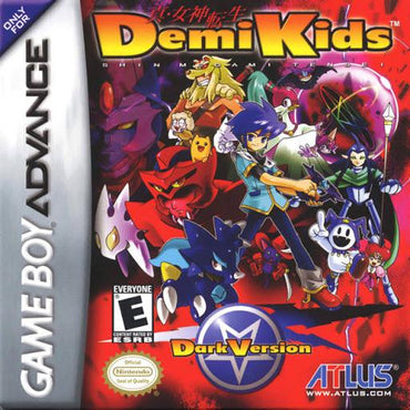 The "DemiKids Dark Version" for GameBoy Advance by Atlus boasts a cover art portraying an RPG adventure: a boy with blue hair and sword surrounded by colorful creatures and a hooded figure against a vibrant background, hinting at demon recruitment, with the Atlus logo prominently displayed.