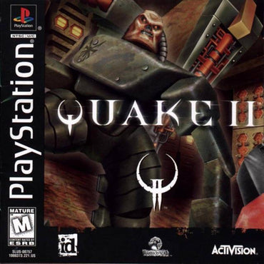 The cover art for "Quake 2," a PlayStation game by Activision, depicts a large armored robot with a weapon in a dark, industrial environment. The title "QUAKE II" is prominently displayed with developer logos, PlayStation branding, and an M for Mature rating.