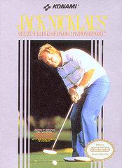 Cover art for the Konami video game "Jack Nicklaus Golf (NES)" shows a golfer in a white and teal striped shirt with blue pants, holding a putter over a golf ball.